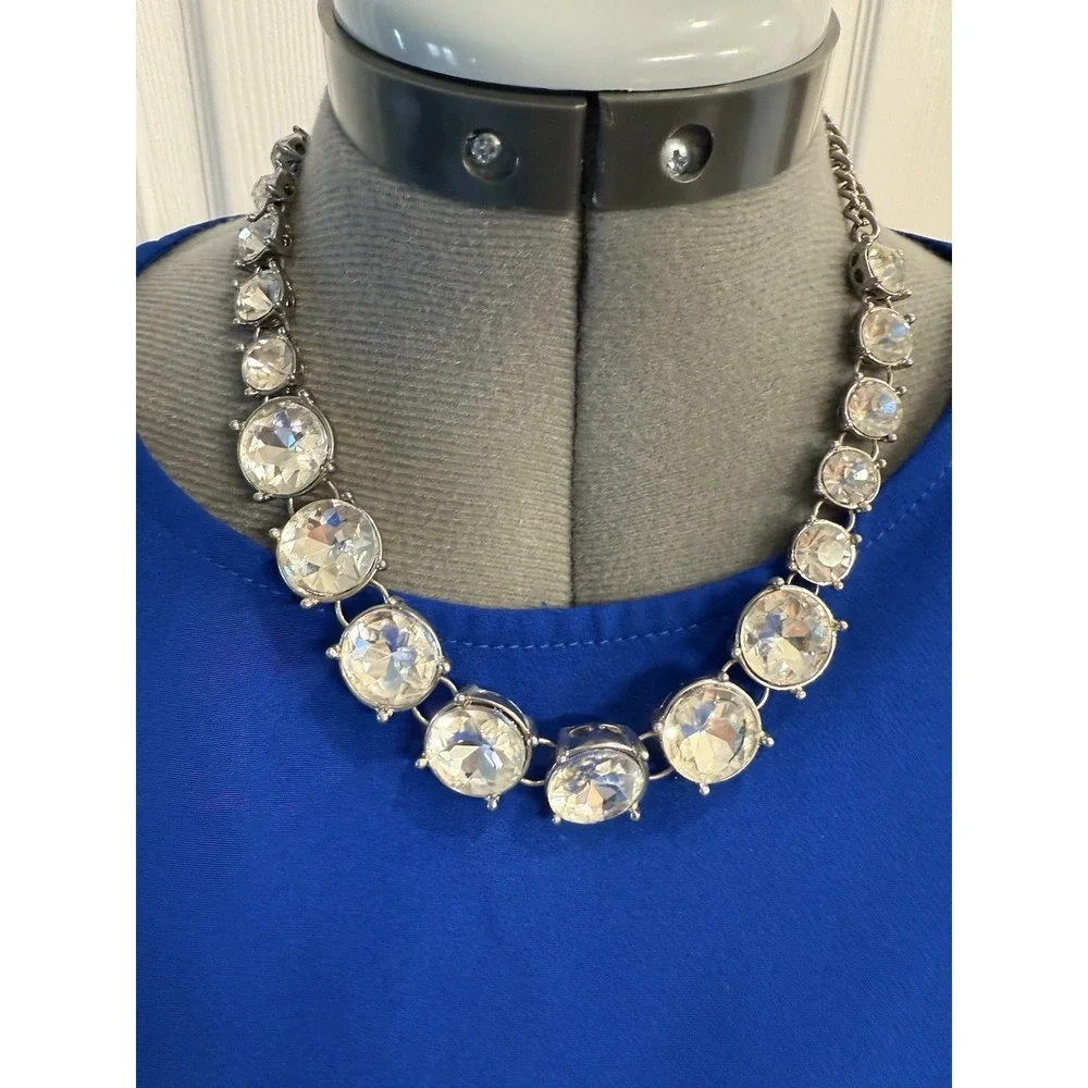 Silver  Tone Crystal  Gloss Clear Jeweled Chocker‎ Chunky Estate Necklace